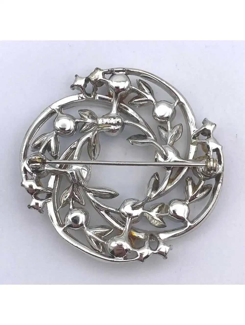 Vintage LISNER Silver Tone, Blue Rhinestones and Faux Pearl Wreath Brooch.